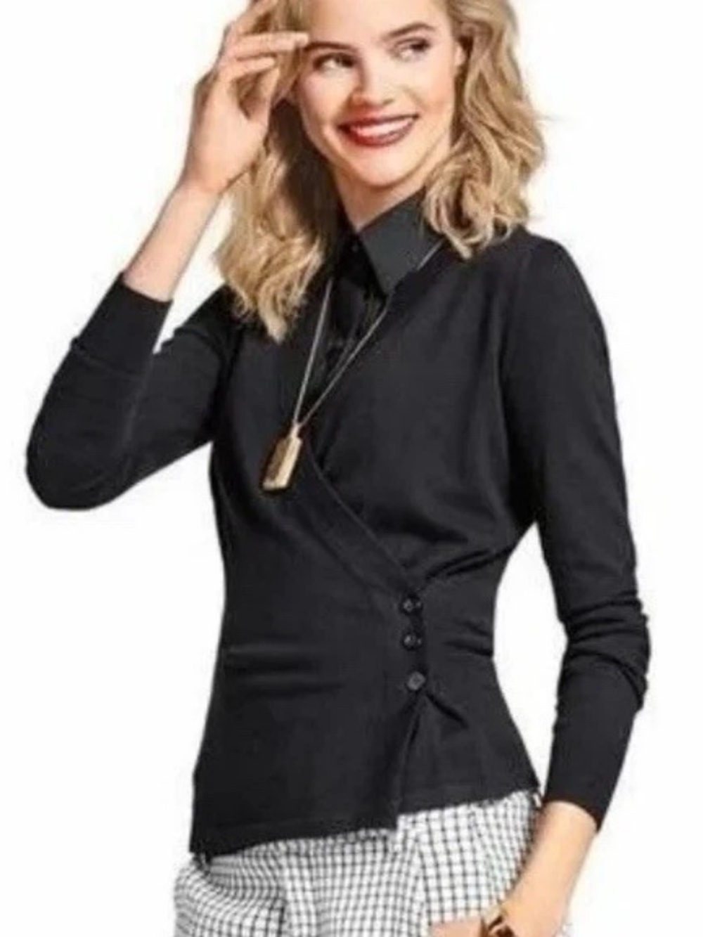 Cabi Side Button Wrap Ballet Sweater Black Cotton Angora Size S V Neck Cardigan